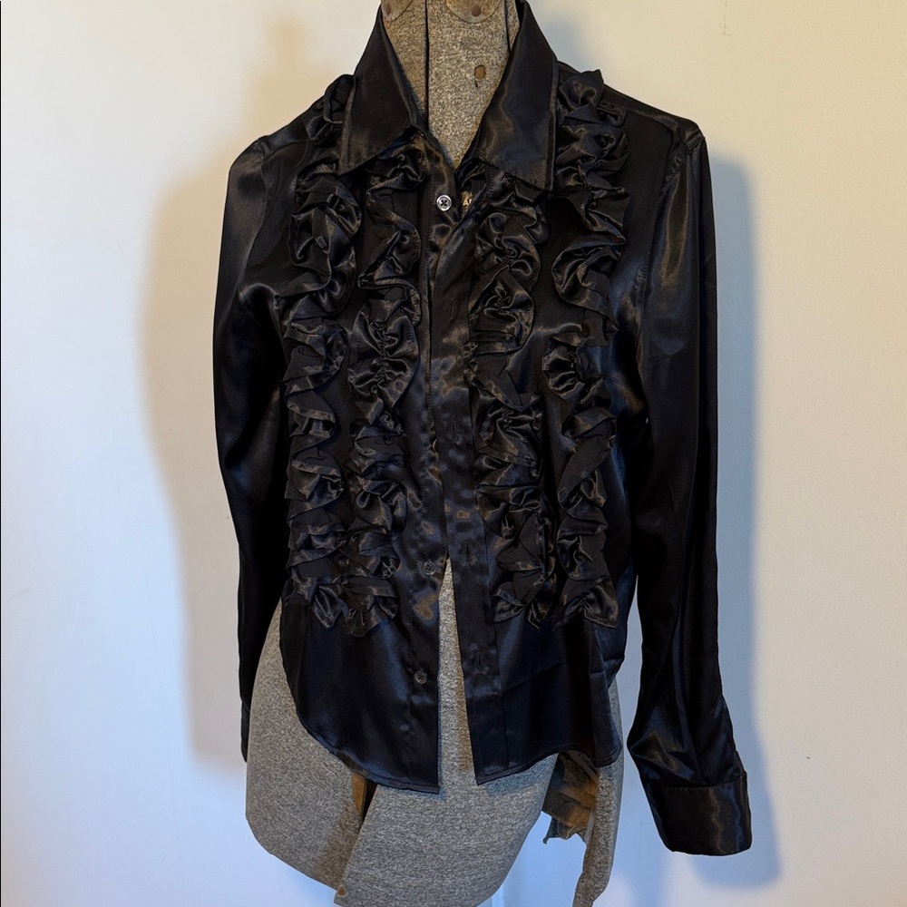 Elegant Black Ruffled Women's Tuxedo Style Top